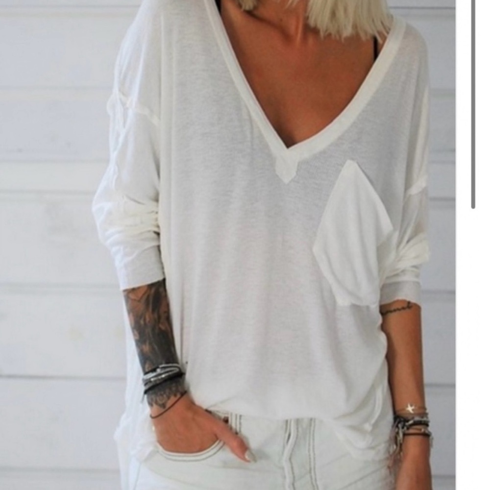Free People White V-Neck Long Sleeve Top